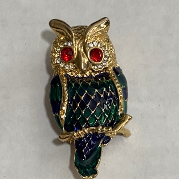 Vintage Enamel and Rhinestone Owl Brooch Pin: 4369 - Picture 1 of 6